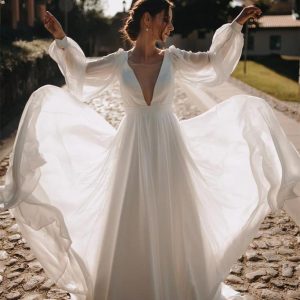 import placeholder for simple chiffon v back wedding gown long 160220442